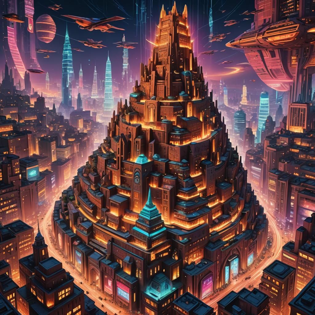 Futuristic Tower of Babel in Neon Metropolis