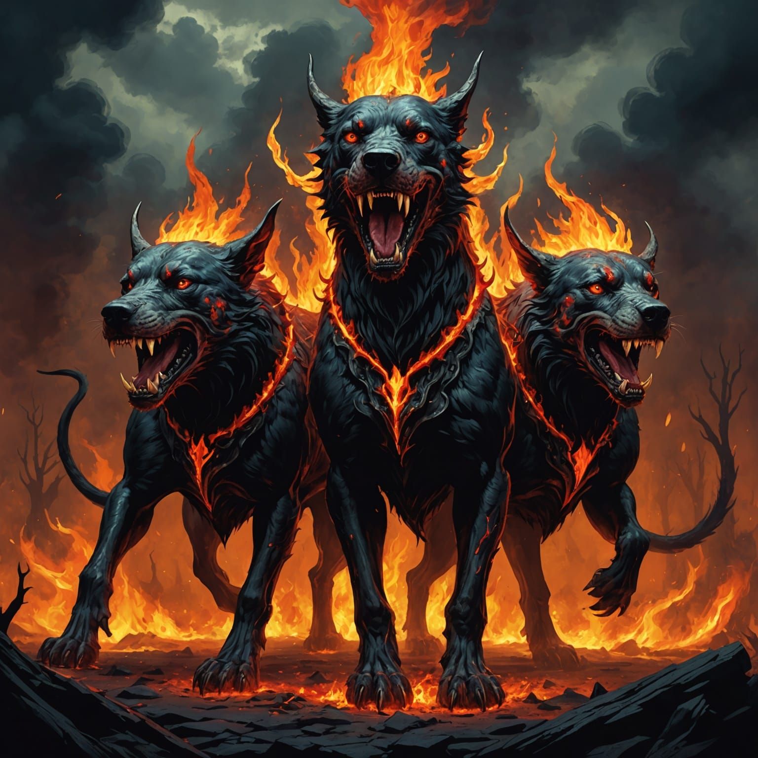 Fiery Three-Headed Cerberus in Horror Style