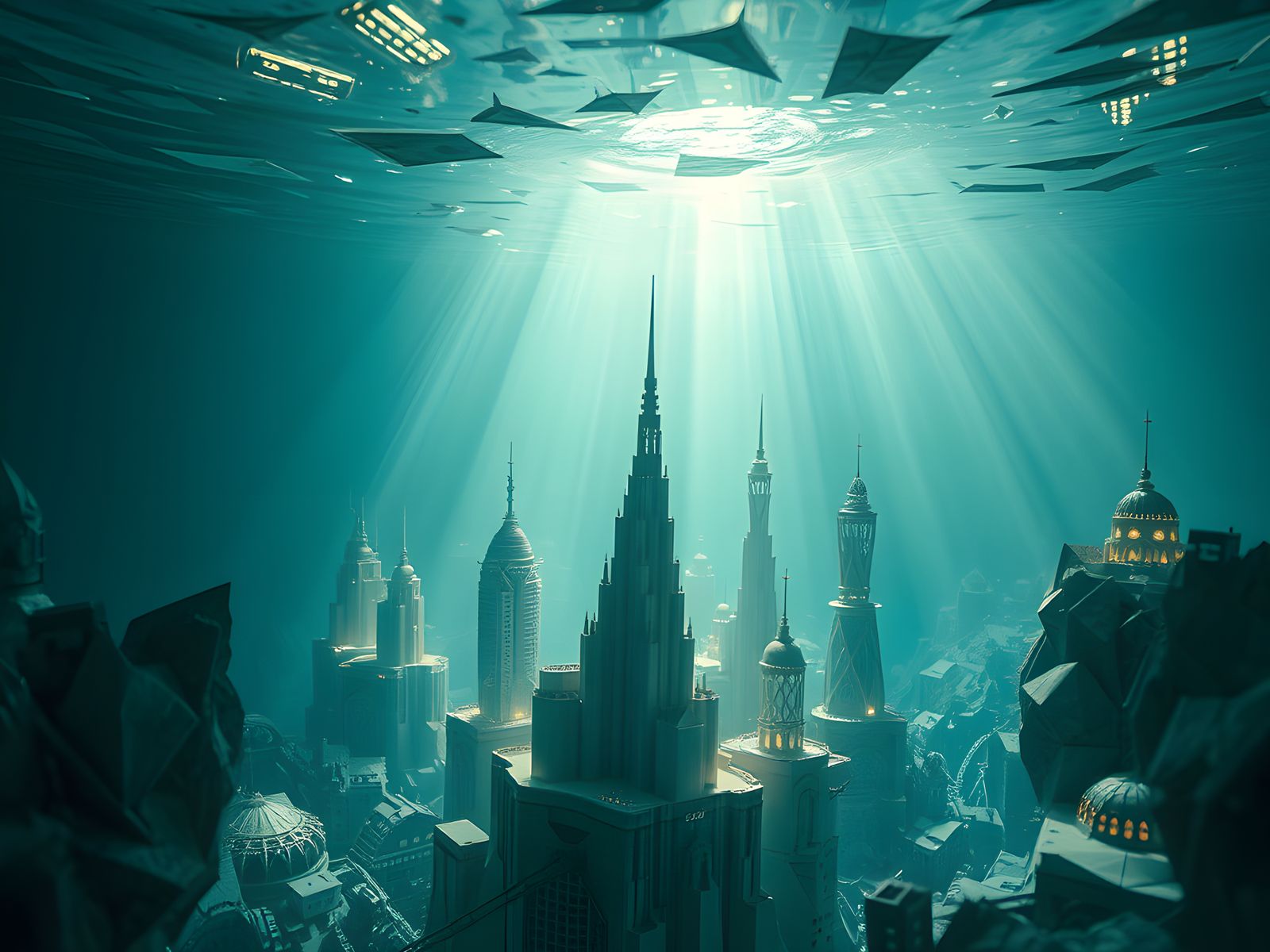 Underwater Cyberpunk City in Origami Papercraft Style
