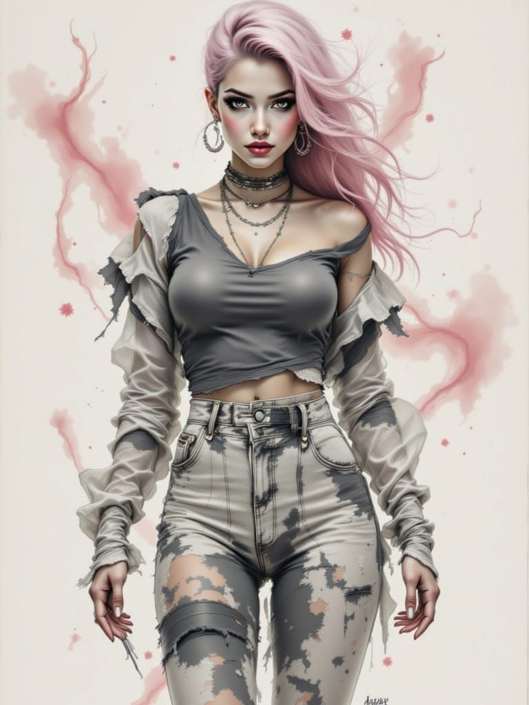 Pin-Up Girl in Japanese Ink Brush Style