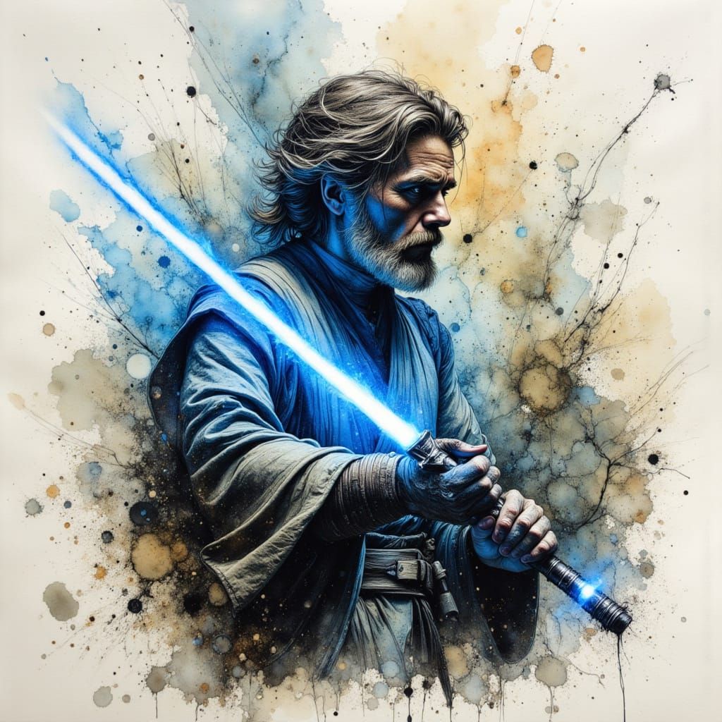 Jedi Master Wielding Blue Saber in Dynamic Ink Style