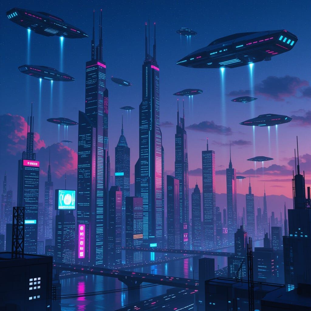Futuristic Cityscape with Neon Lights in Cyberpunk Style