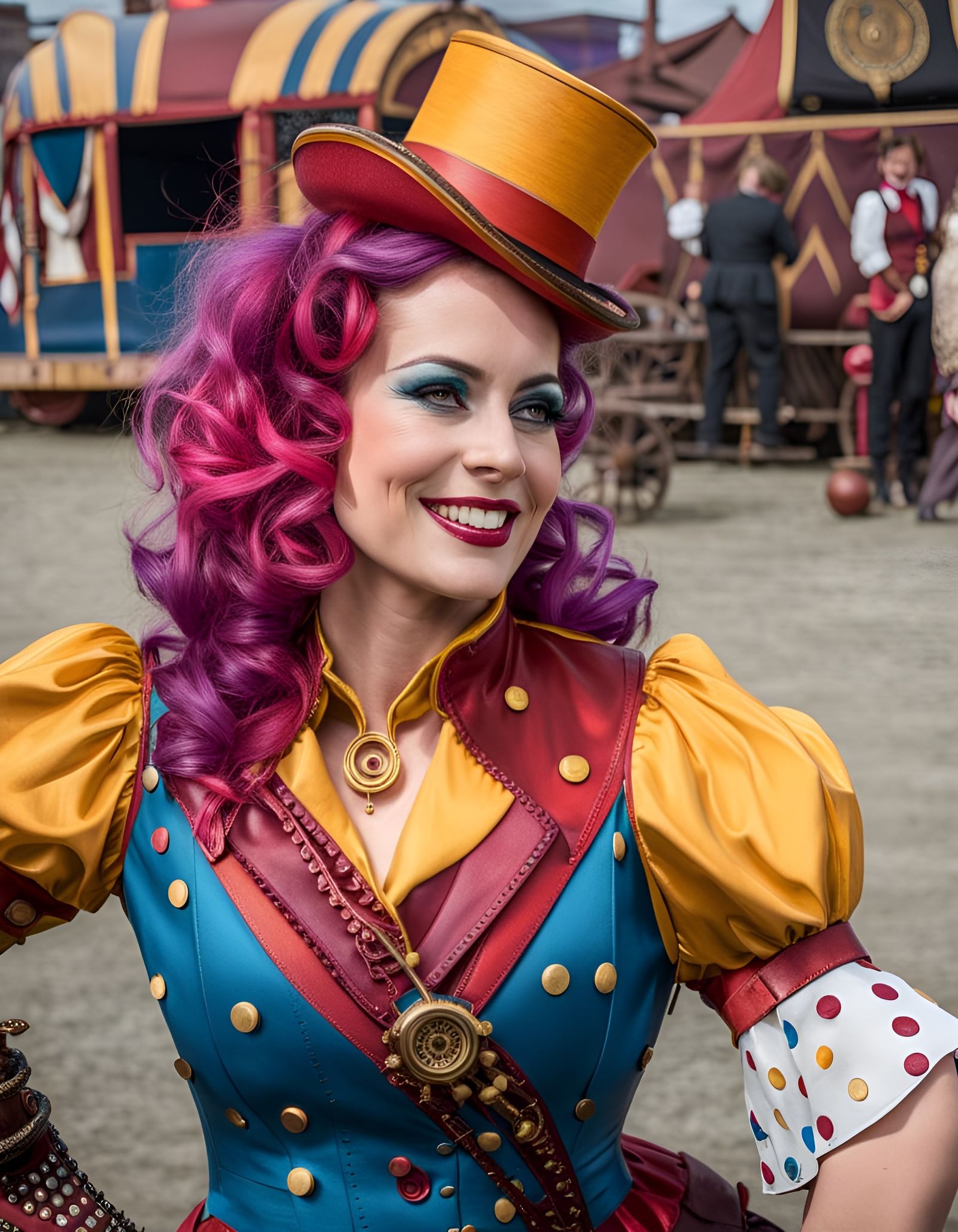 Smiling Steampunk Circus Clown with Tent