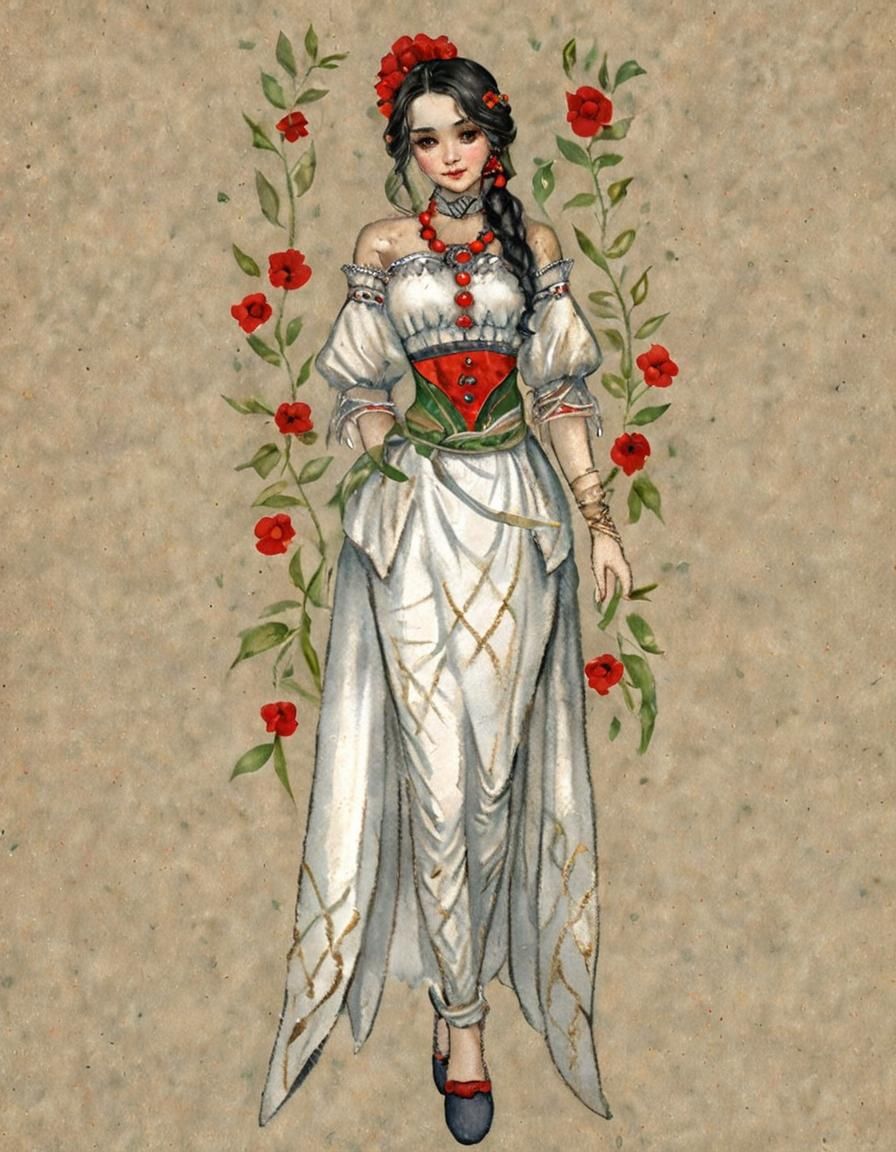 Elven Girl in Dark Red Attire with Floral Accents