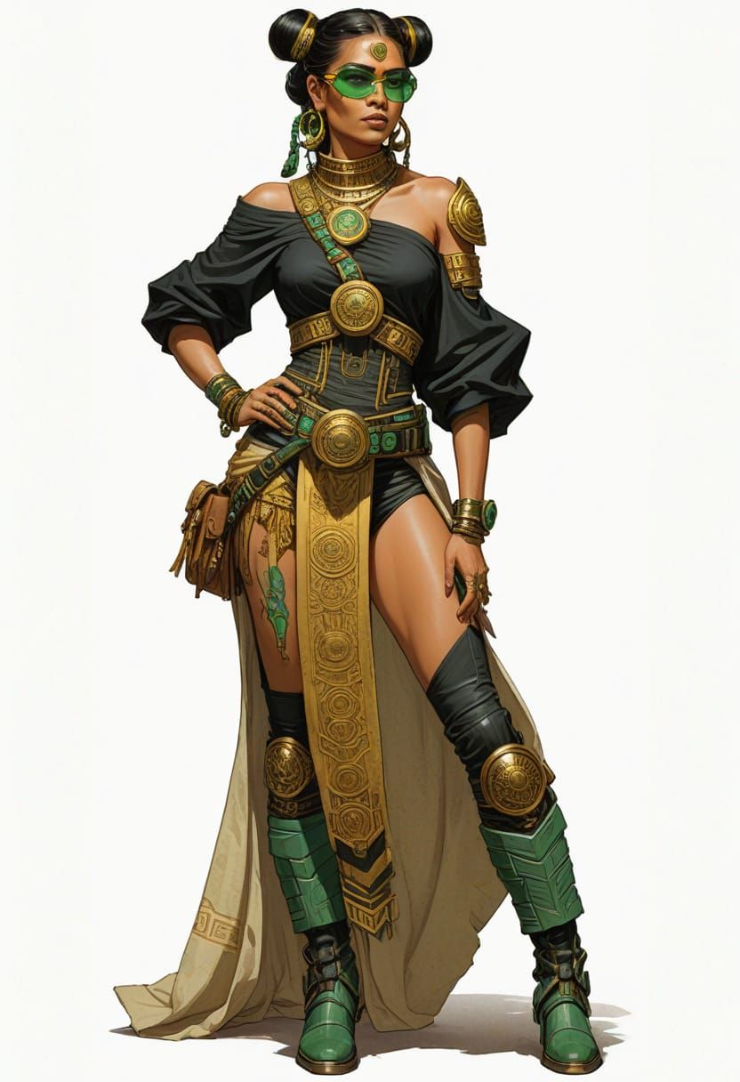 Future Mayan Woman in Elegant Sci-Fi Attire