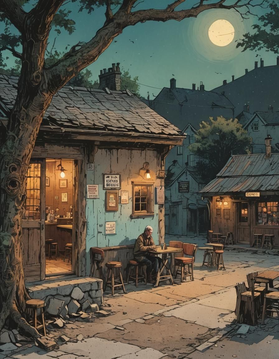 Lone Patron in Old Pub: Comic Book Art