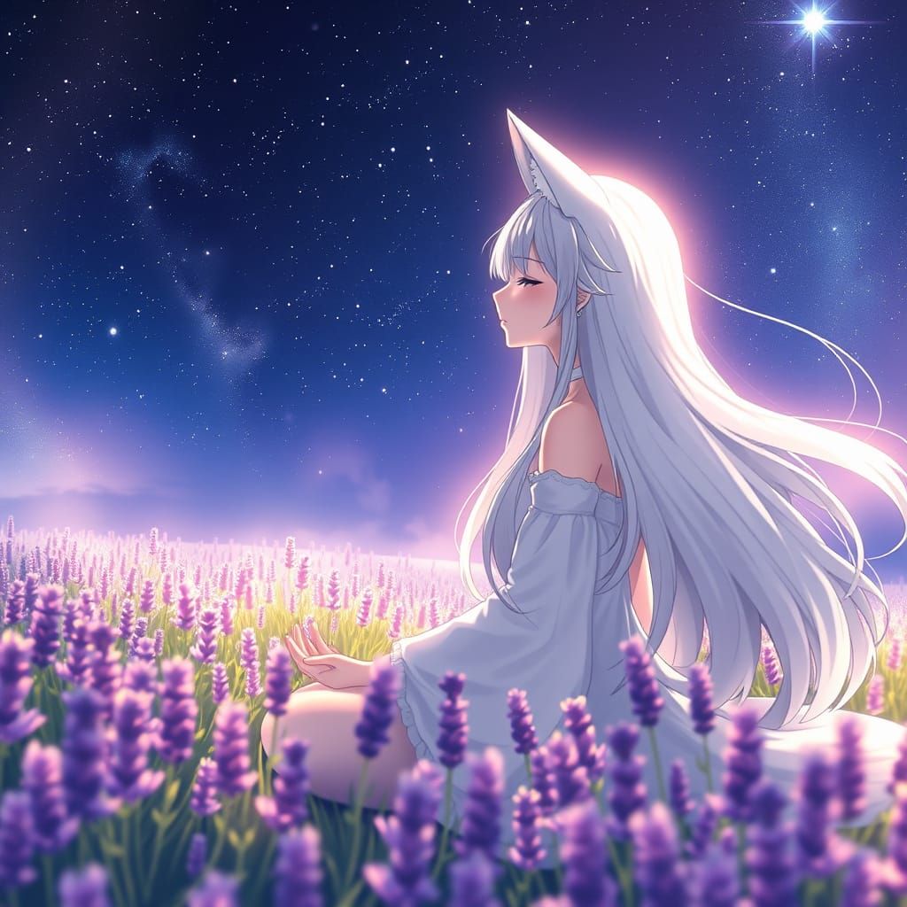 Ethereal Anime Woman Meditates Under Lavender Stars