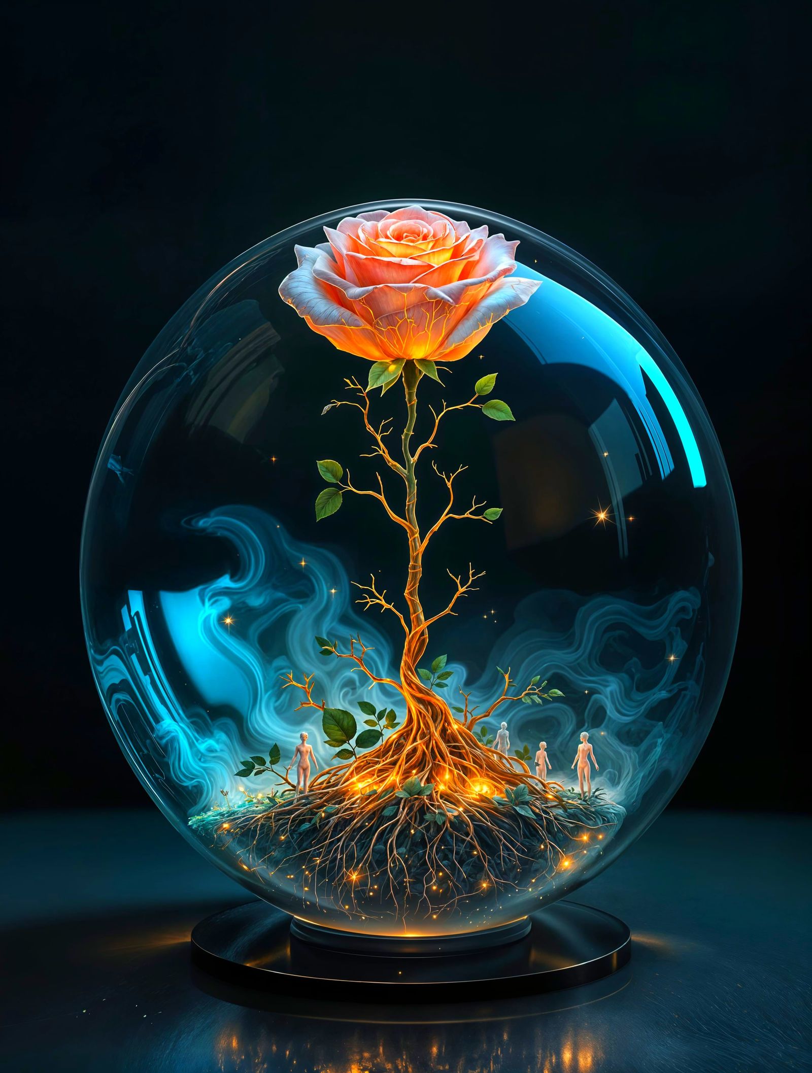Surrealist Digital Painting of a Glowing Rose in a Glass Orb