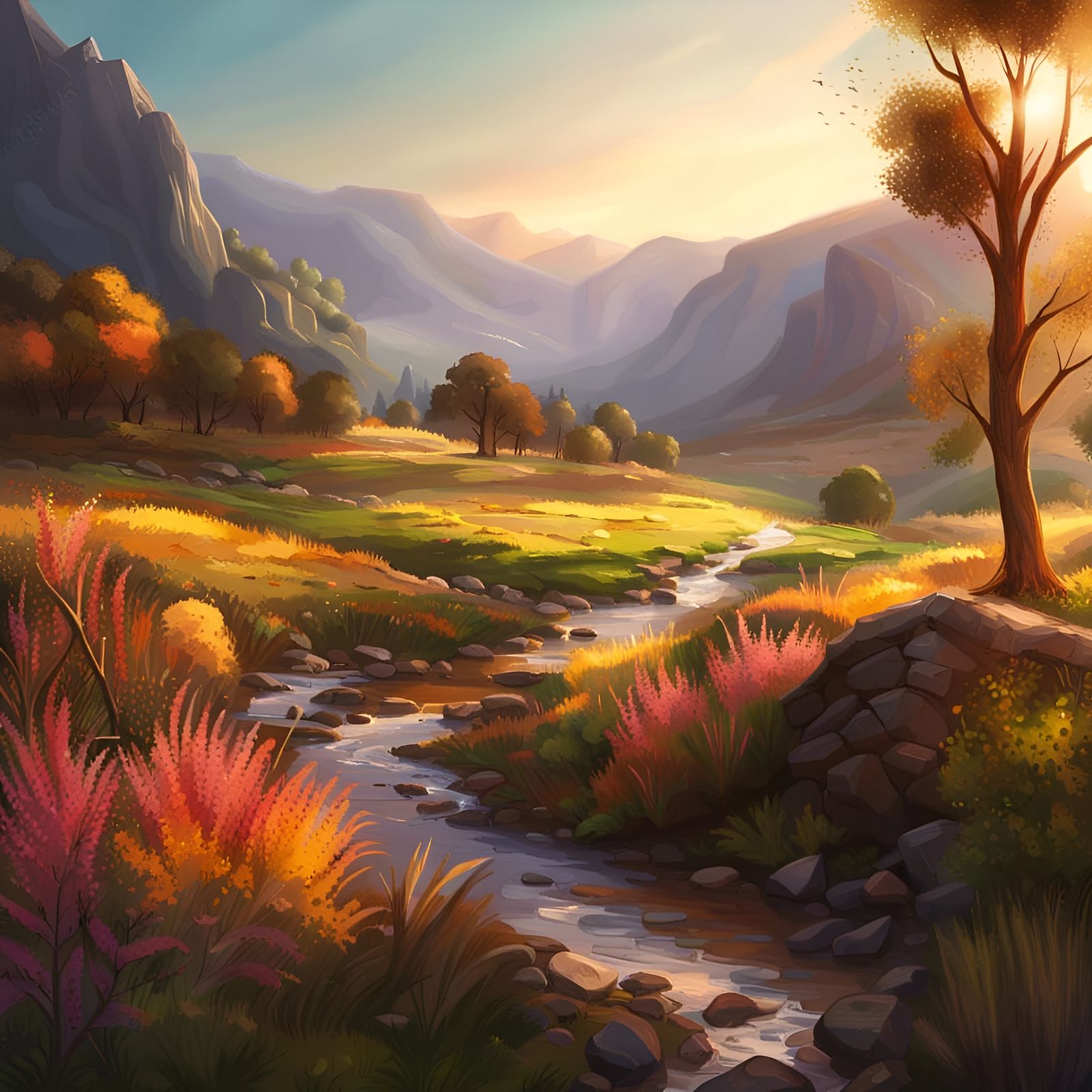 Hyperrealistic Valley Landscape in Morning Light