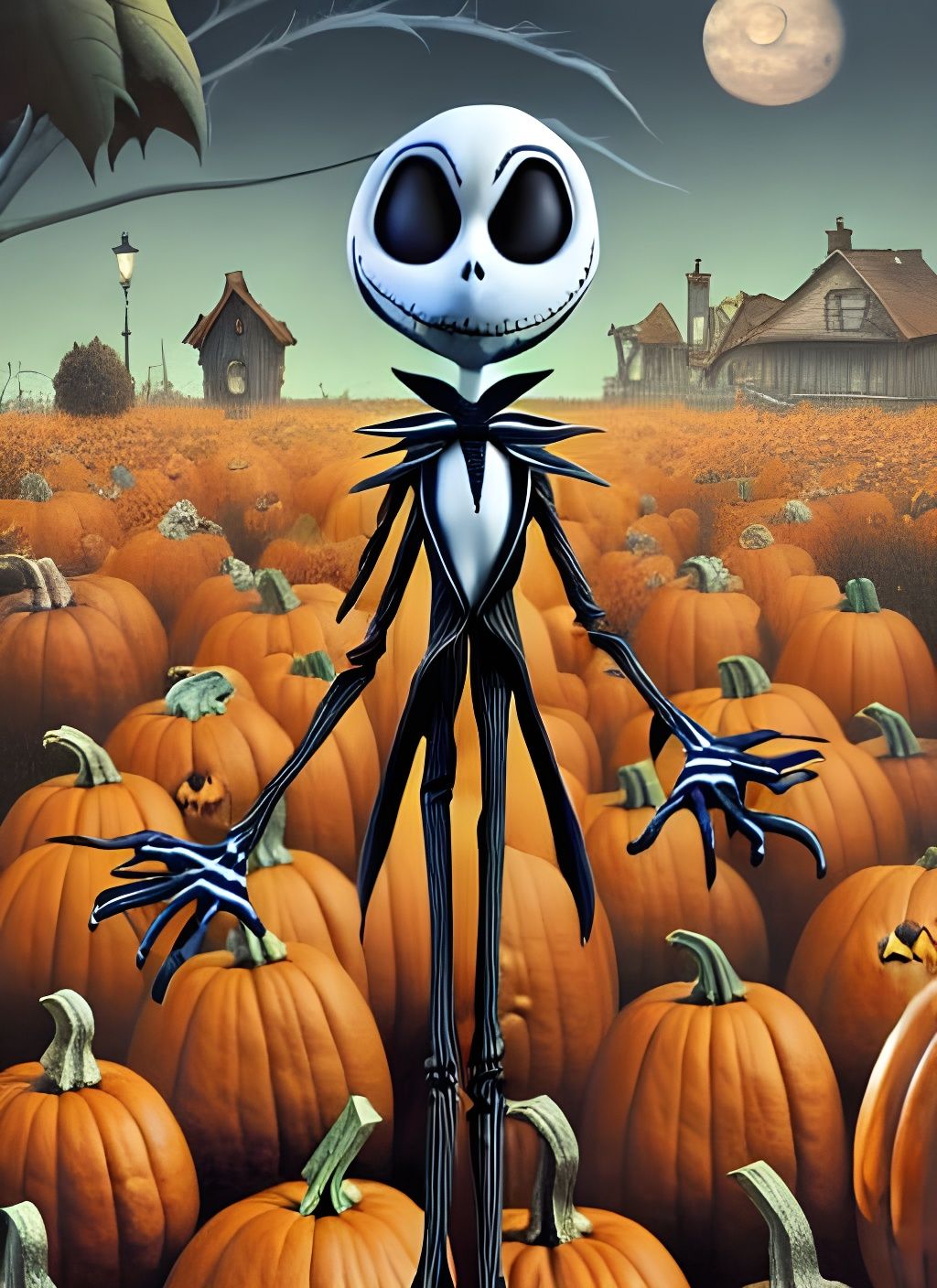 Jack Skellington in Pumpkin Patch: Whimsical Digital Art