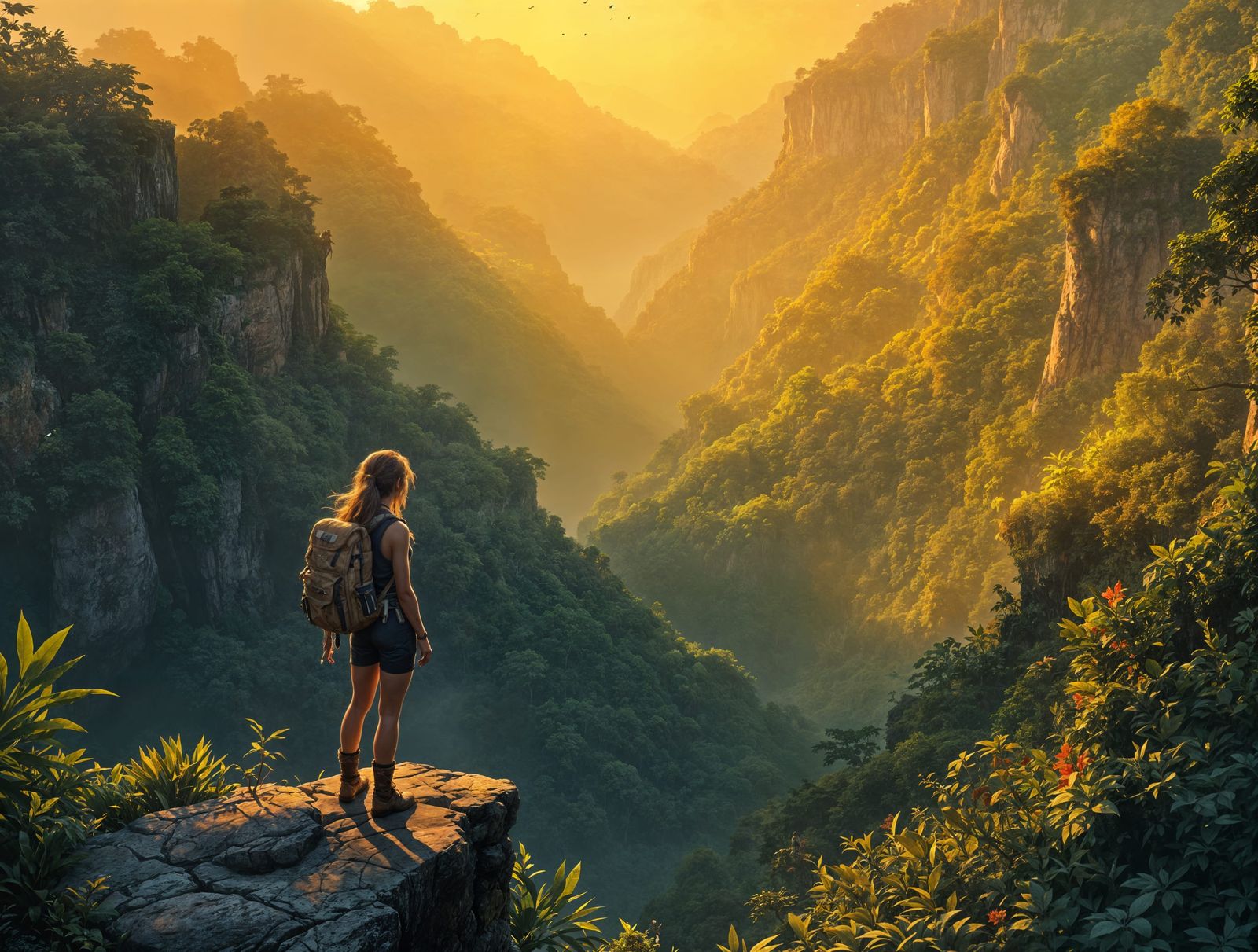 Adventurer Gazes at Unexplored Jungle Valley at Golden Hour