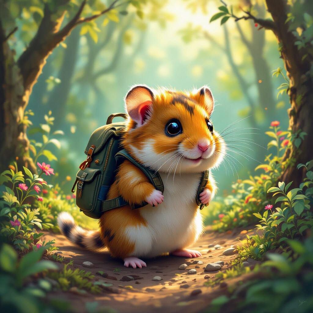 Tiger Hamster Explores Fantasy Forest in Golden Light