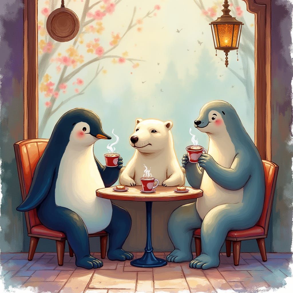 Penguin, Polar Bear, and Seal in Coffee Shop