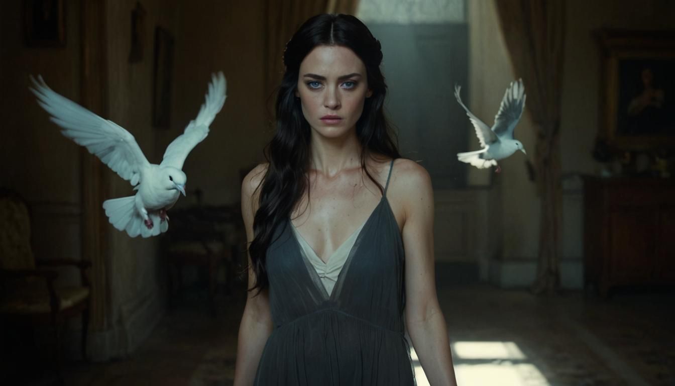 Dramatic Portrait of Woman with Doves in Chiaroscuro