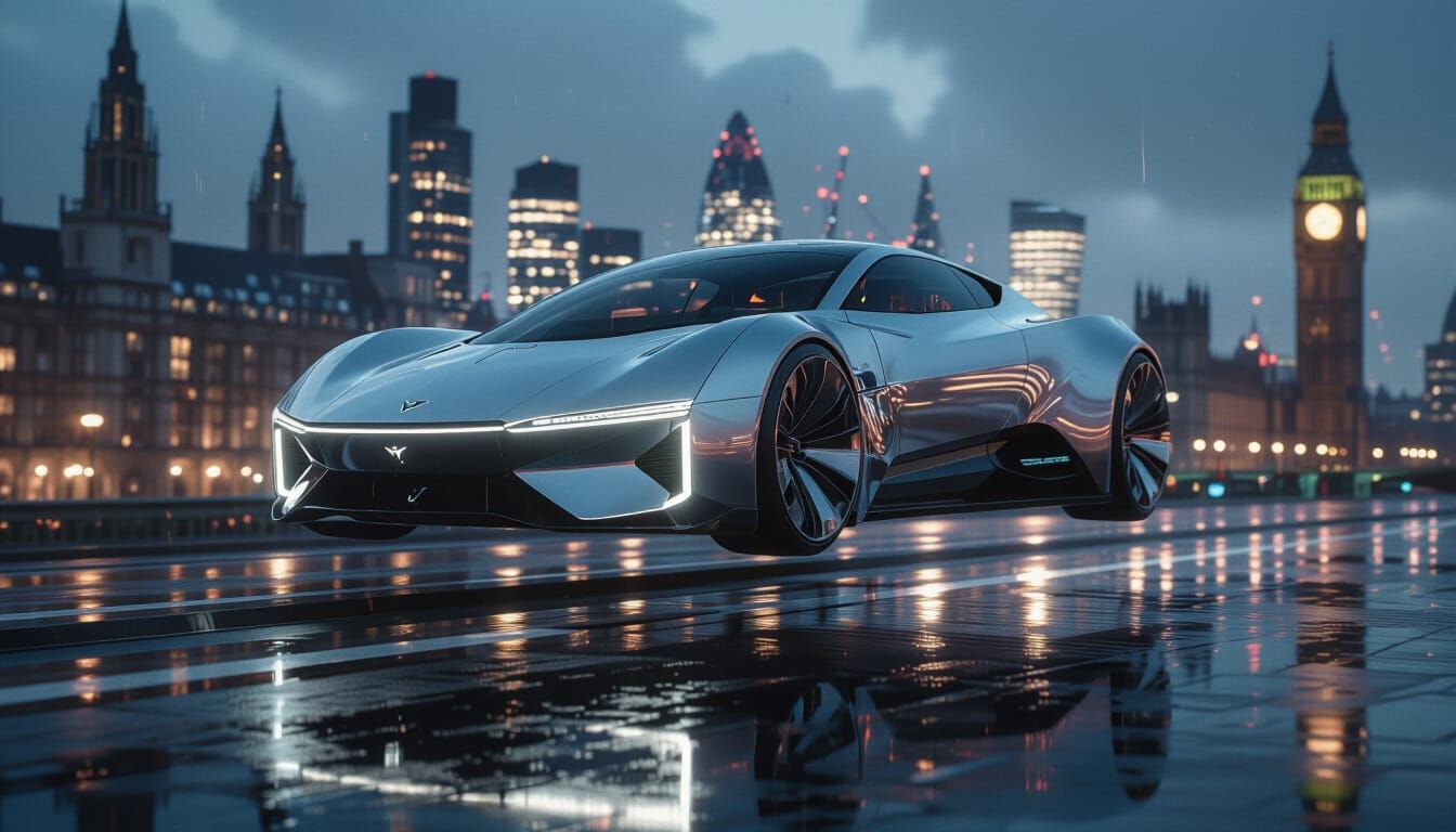 Futuristic Car Hovering Above London in Hyperrealistic Style