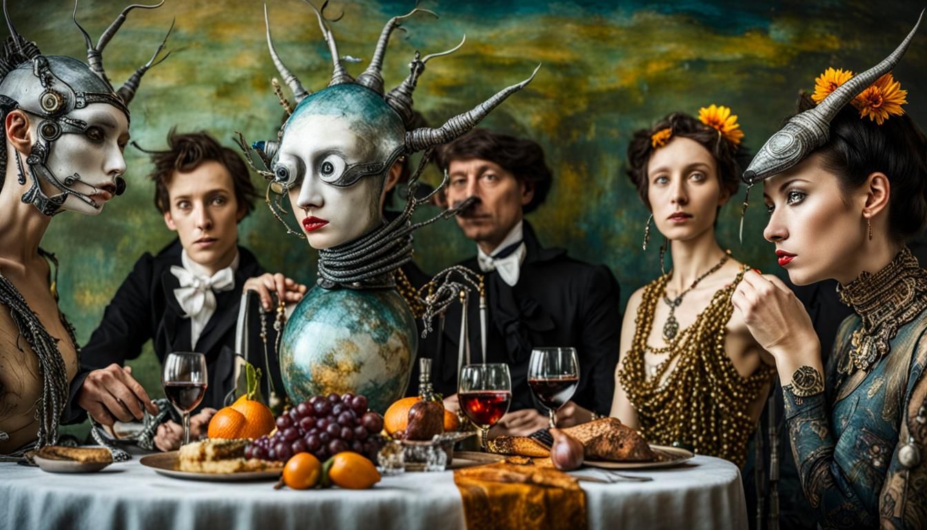 Surreal Alien Restaurant Celebration in a Gritty Setting