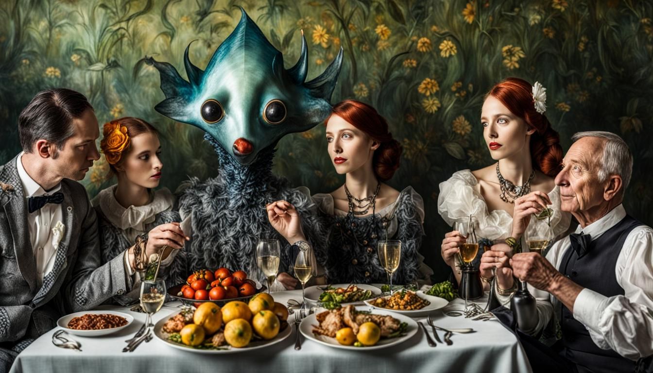 Surreal Alien Restaurant Celebration in Magical Realism