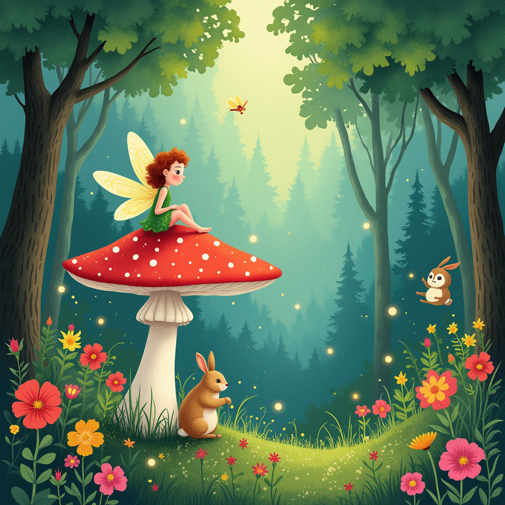 Whimsical Fairy on Toadstool in Enchanted Forest