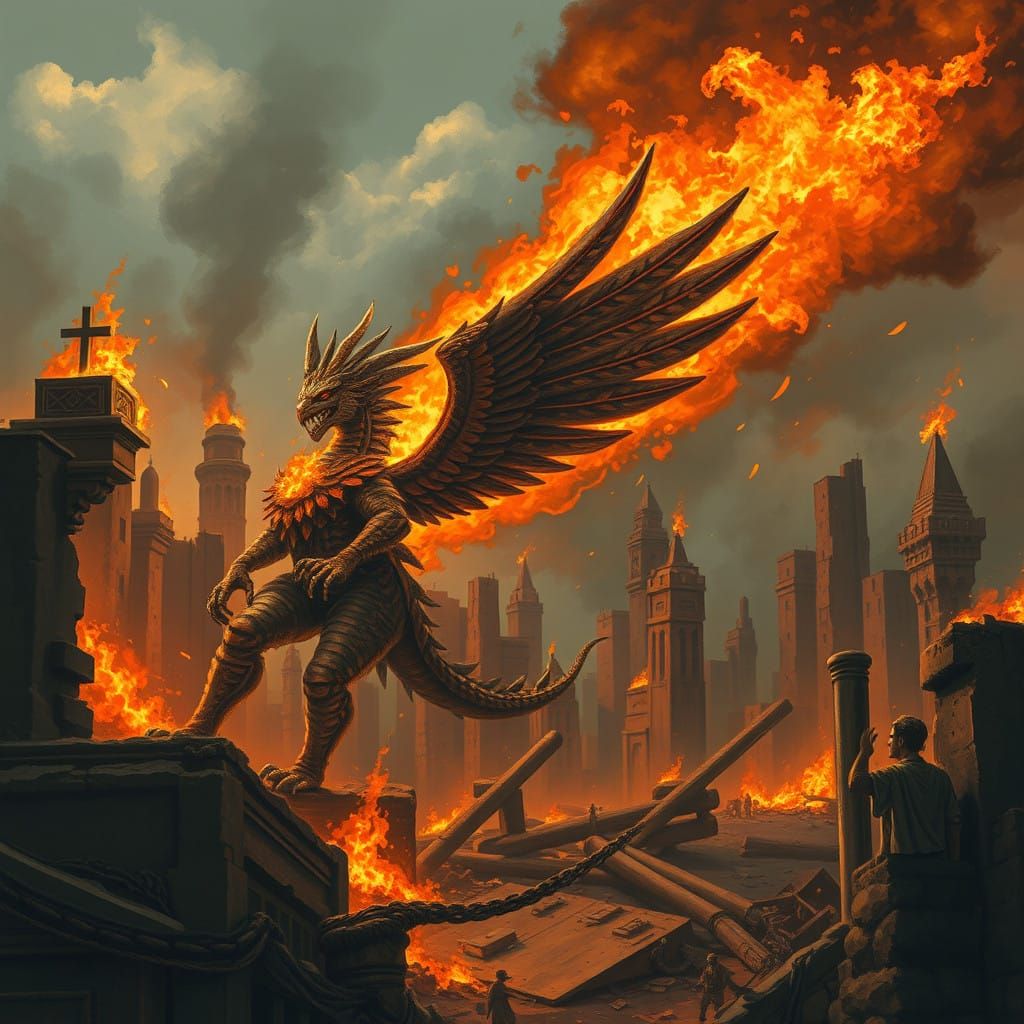 Mayan God Quetzalcoatl Unleashes Flames on Ruins