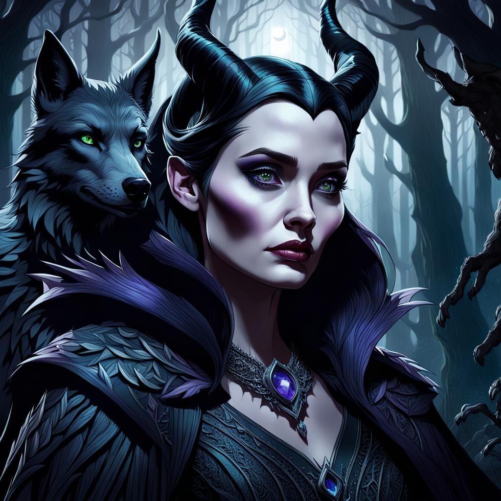 Maleficent and Black Wolf in Dark Fantasy Style
