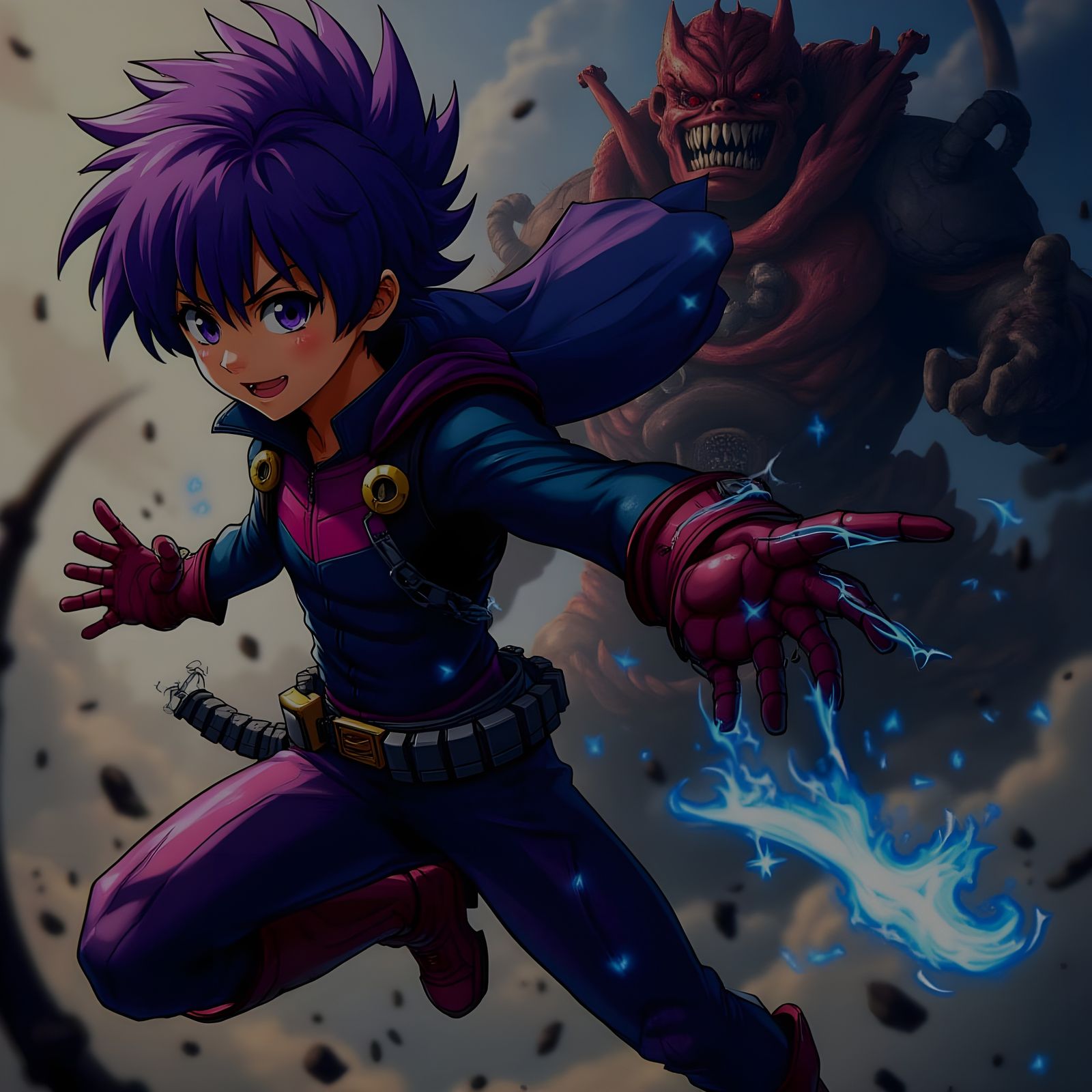 Anime Hero with Colorful Hair Battles Villain