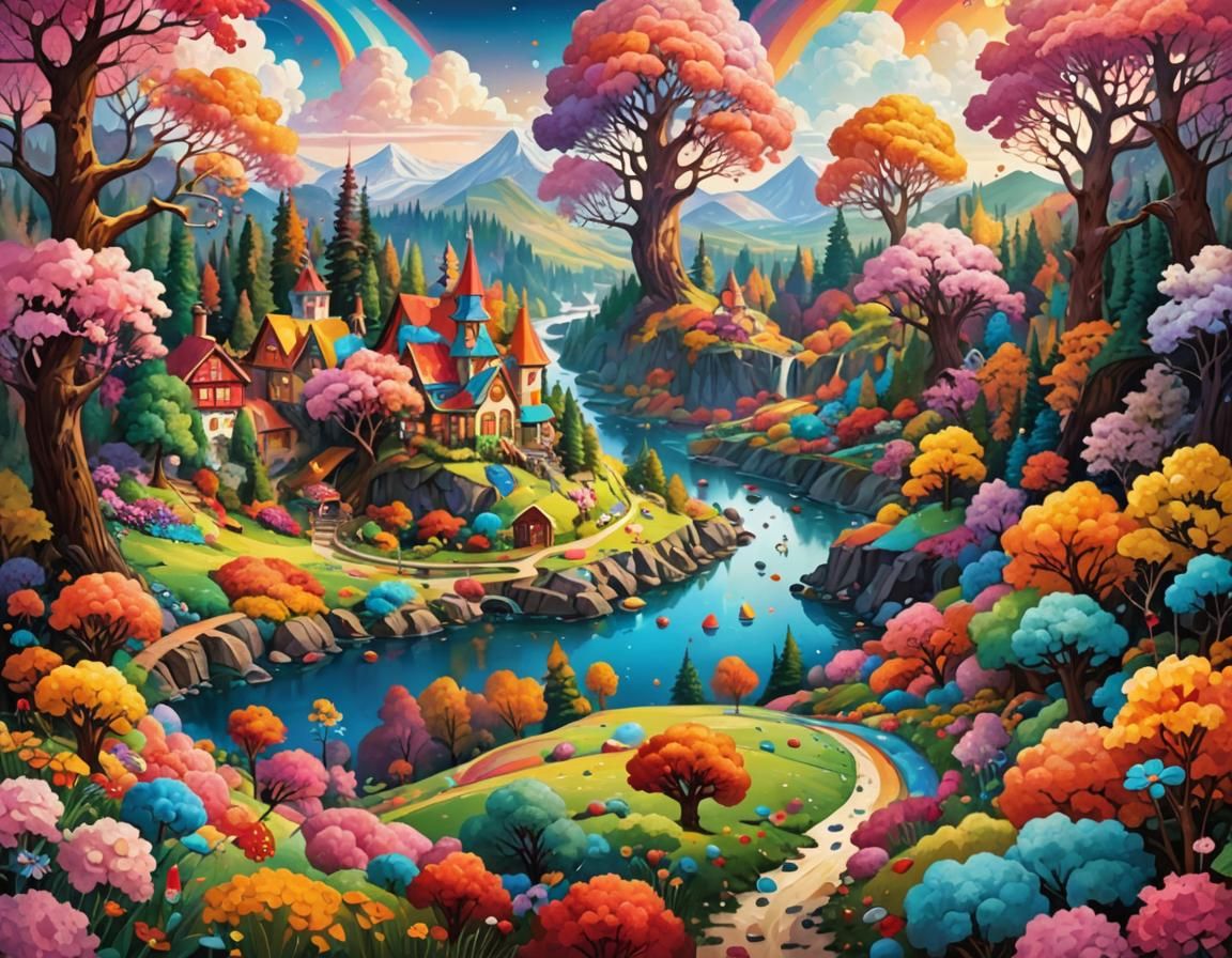 Colorful Candyland Landscape with Candy Canes and Rainbow Ri...