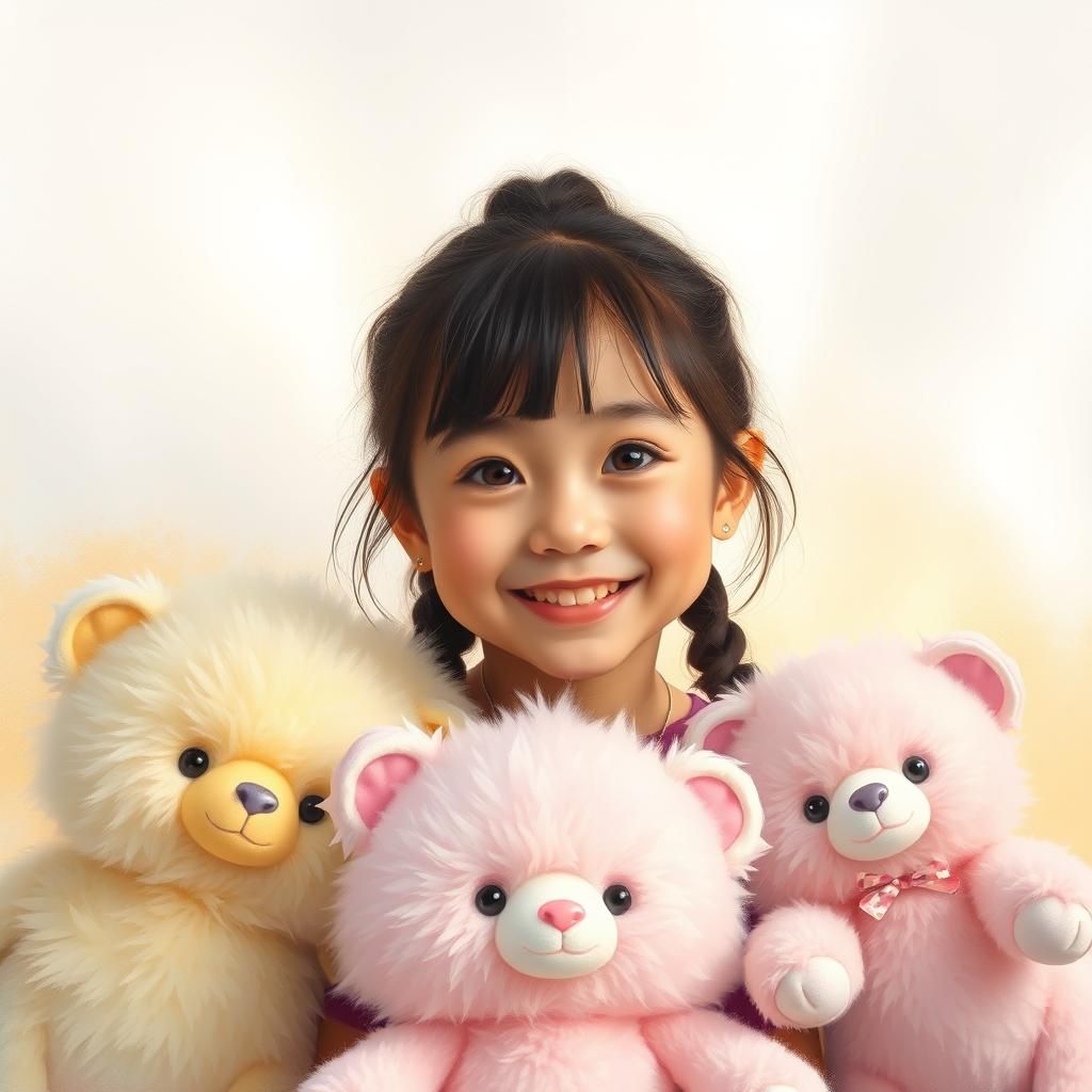Girl with Stuffed Animals in Dreamy Pastel Art