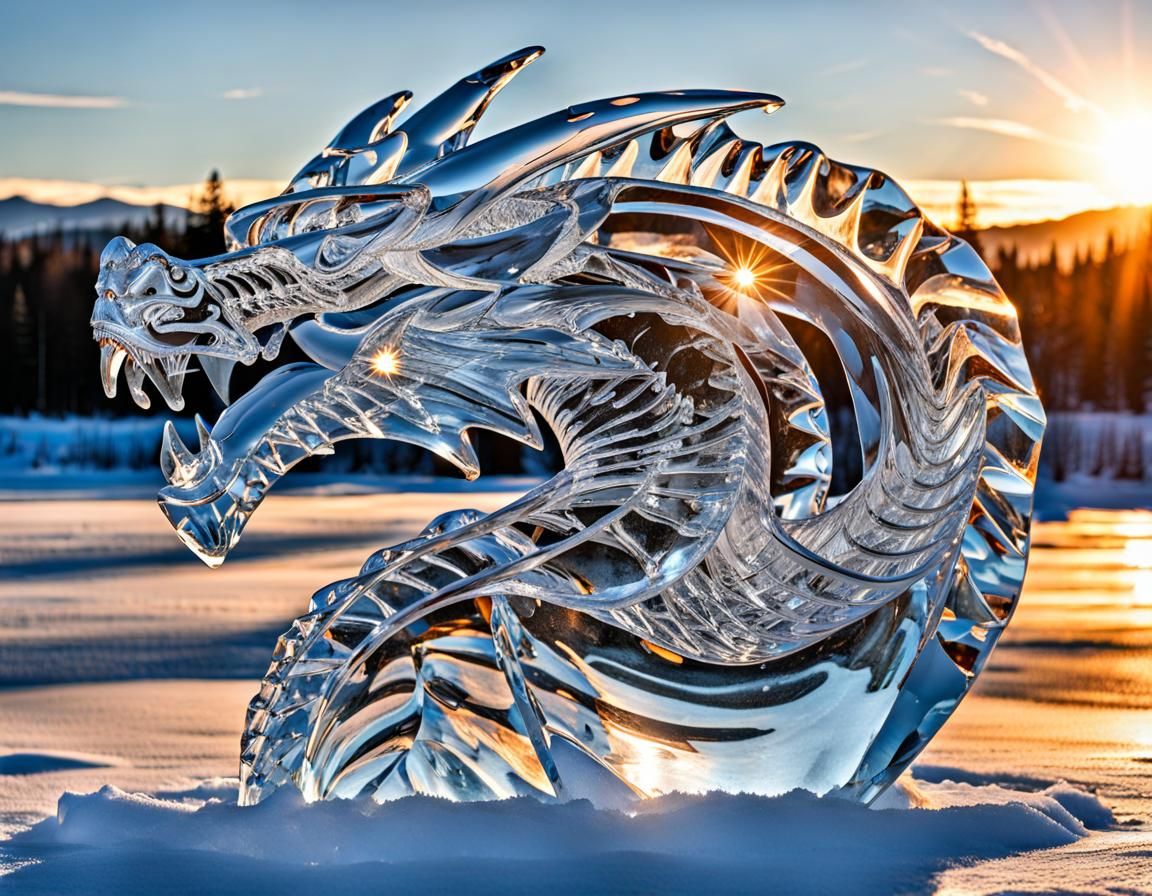 Spectacular Ice Dragon Sculpture with Fire