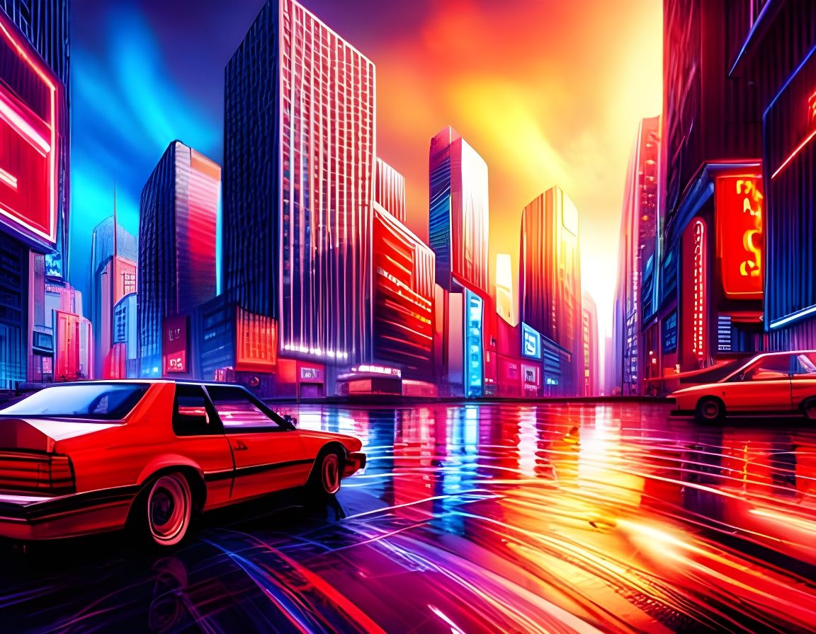 Hyperrealistic 80s Future Cityscape with Vivid Colors