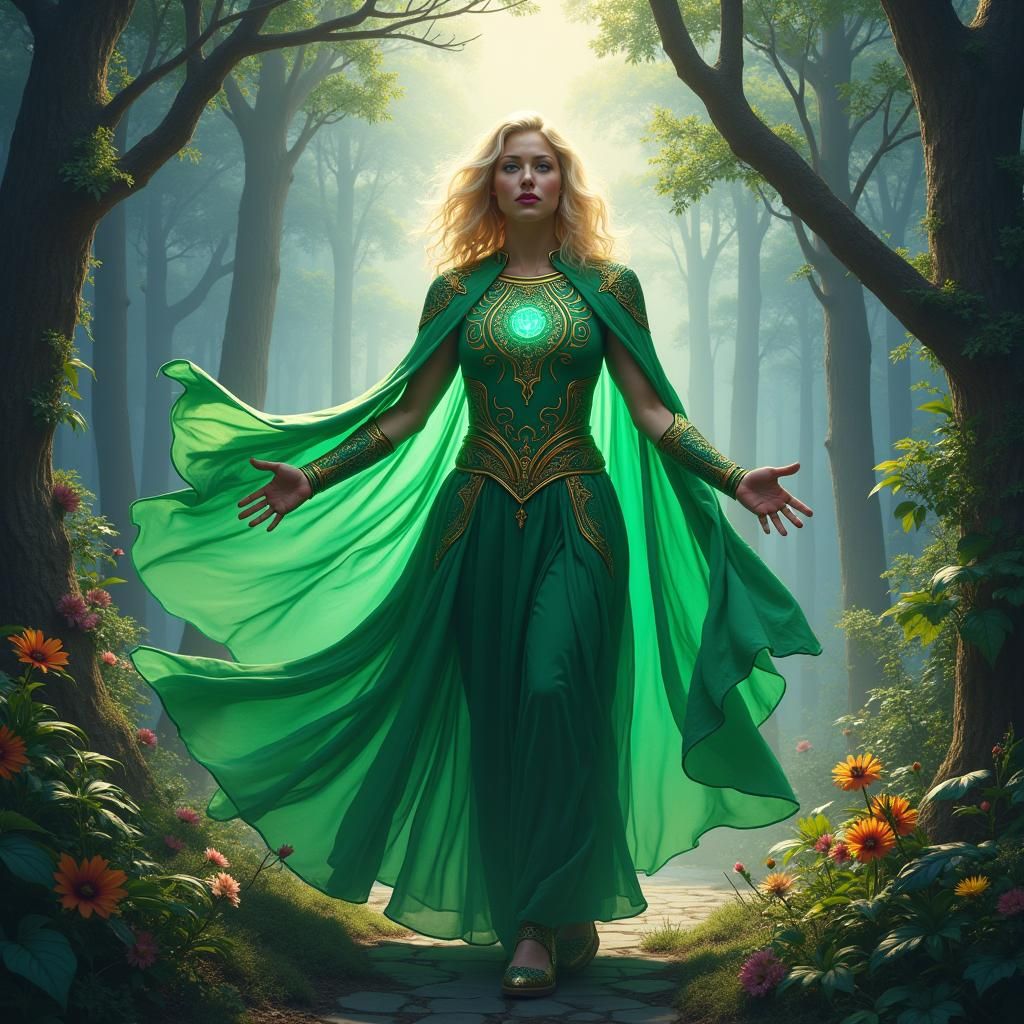 Eco-Warrior Superhero in Lush Forest, Matte Painting