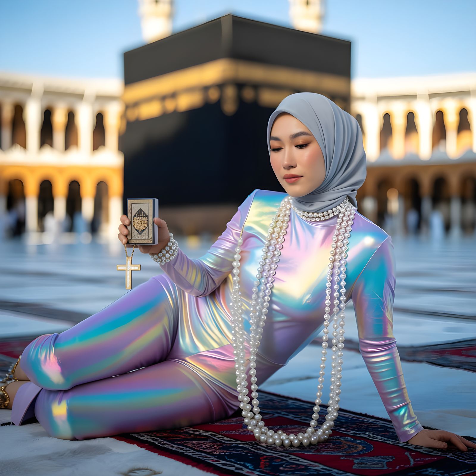 Woman in Catsuit and Hijab at the Kaaba