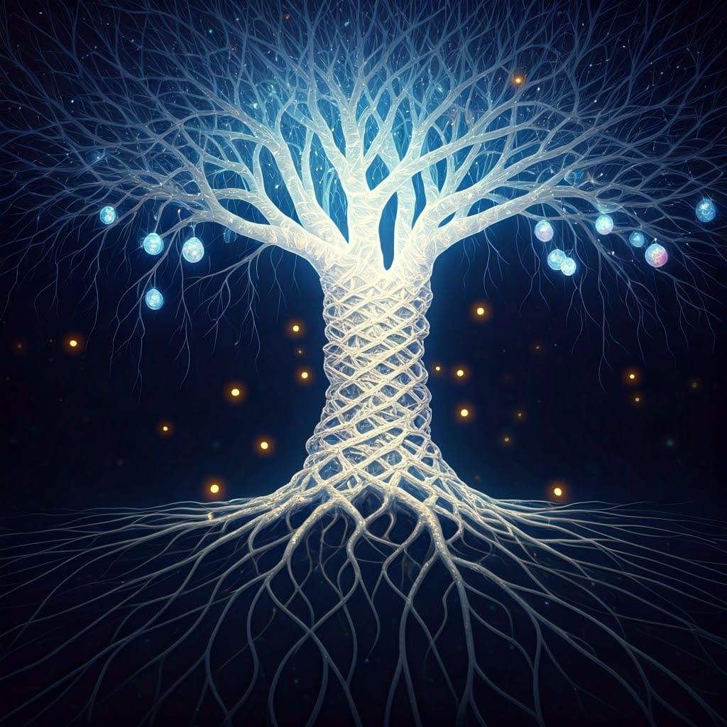 Ethereal Bioluminescent Tree with Floating Roots
