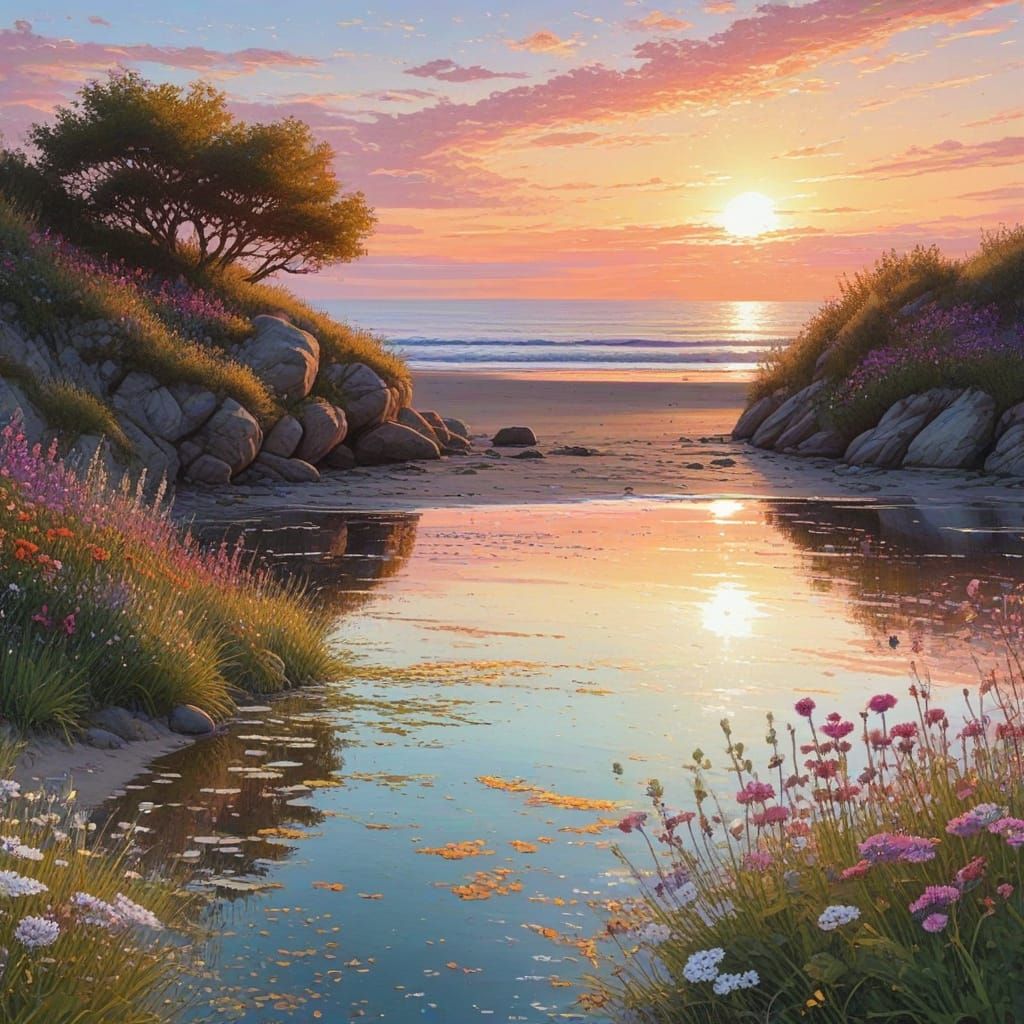 Coastal Path Sunset Reflection in Pointillism