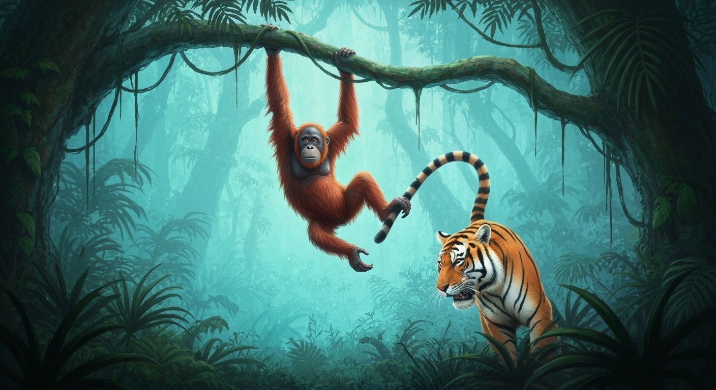 Orangutan Pulls Tiger's Tail in Ethereal Jungle