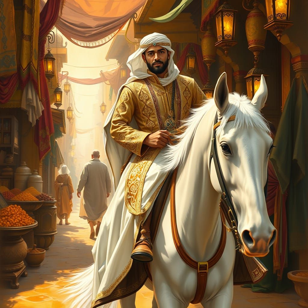 Arabian Prince Rides Majestic White Horse Through Bustling M...