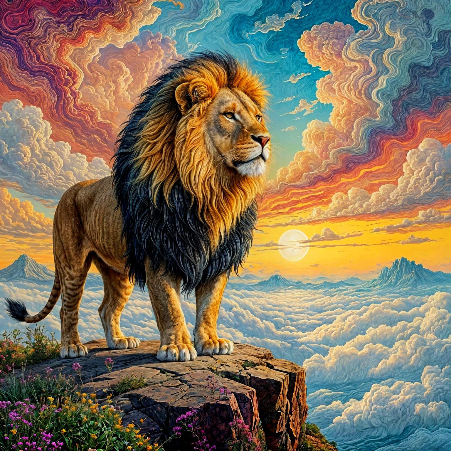 Patchwork Lion Overlooking Surreal Dreamscape