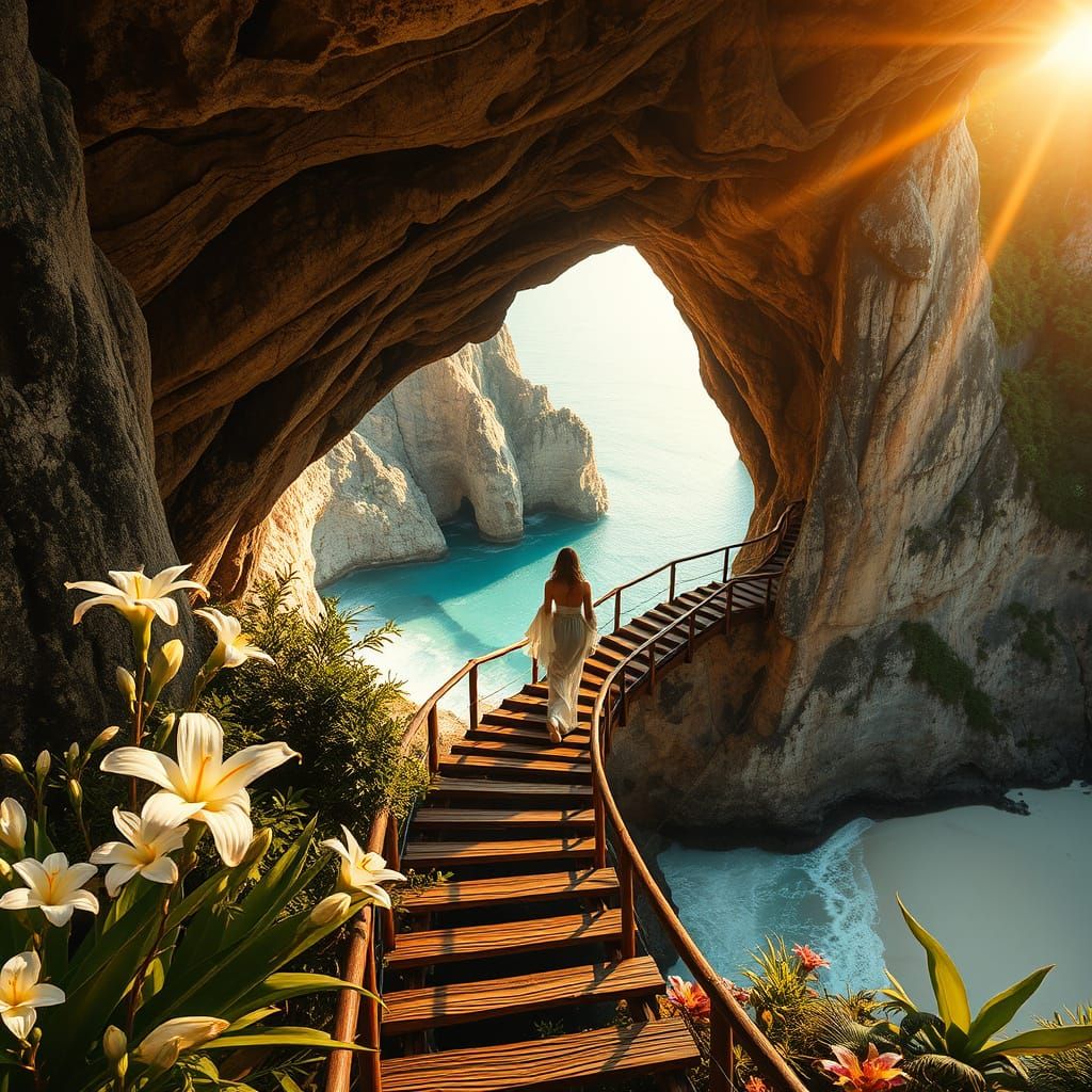 Woman Descending Cave Staircase at Golden Hour