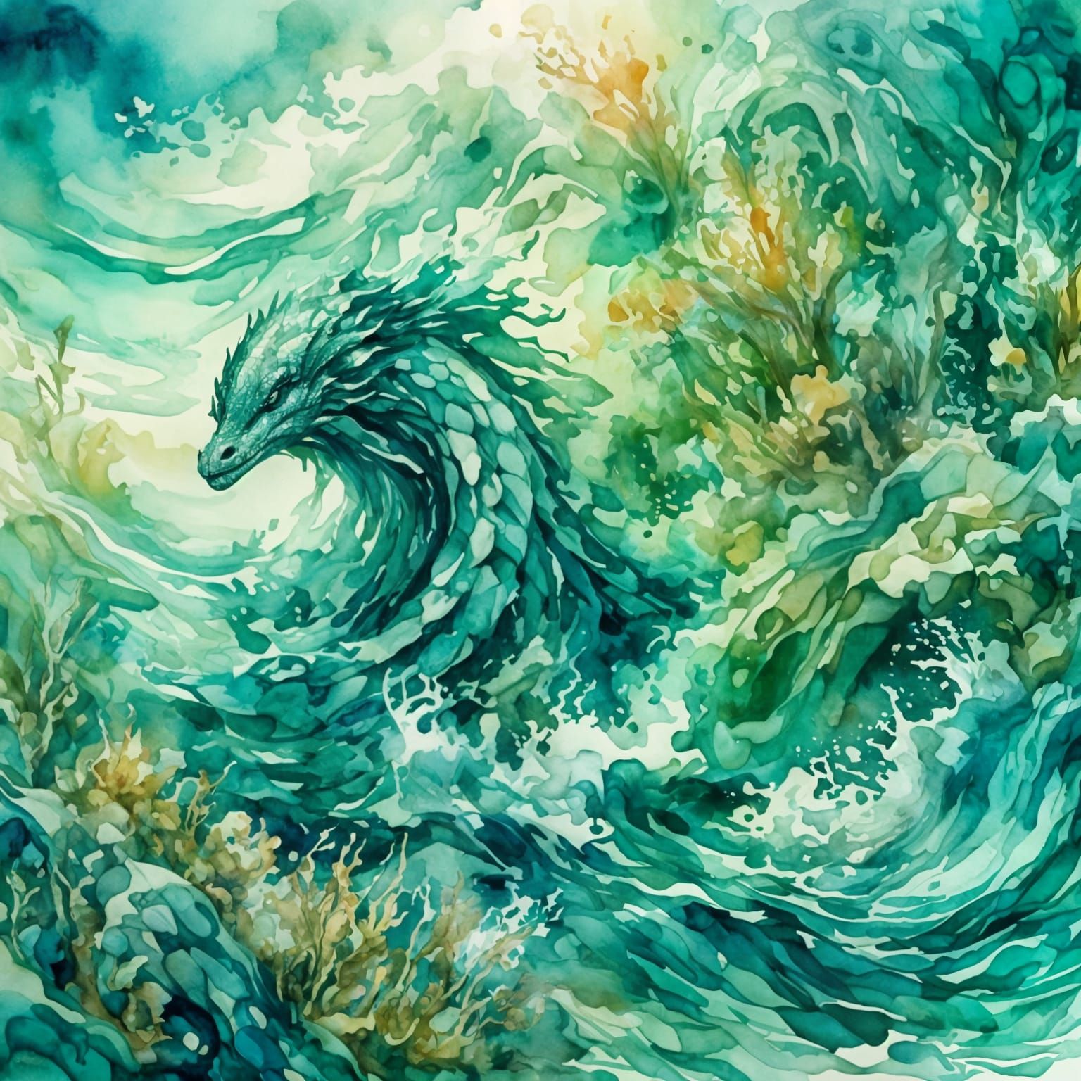 Watercolor Sea Serpent Amidst Ocean Waves