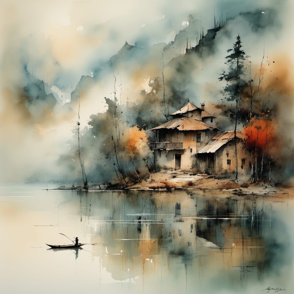 Misty Lake Village Watercolor in Impressionist Style