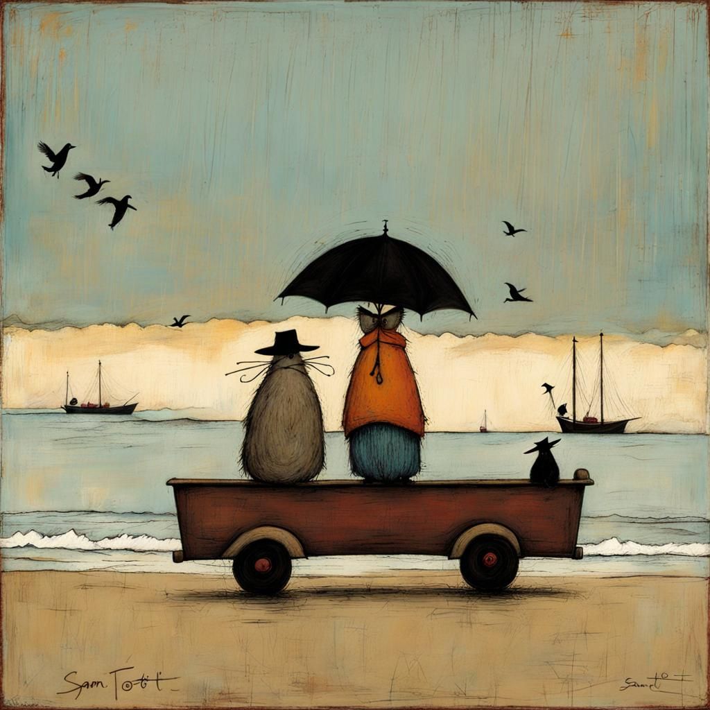 Charming Naive Art Domestic Scene Illustration