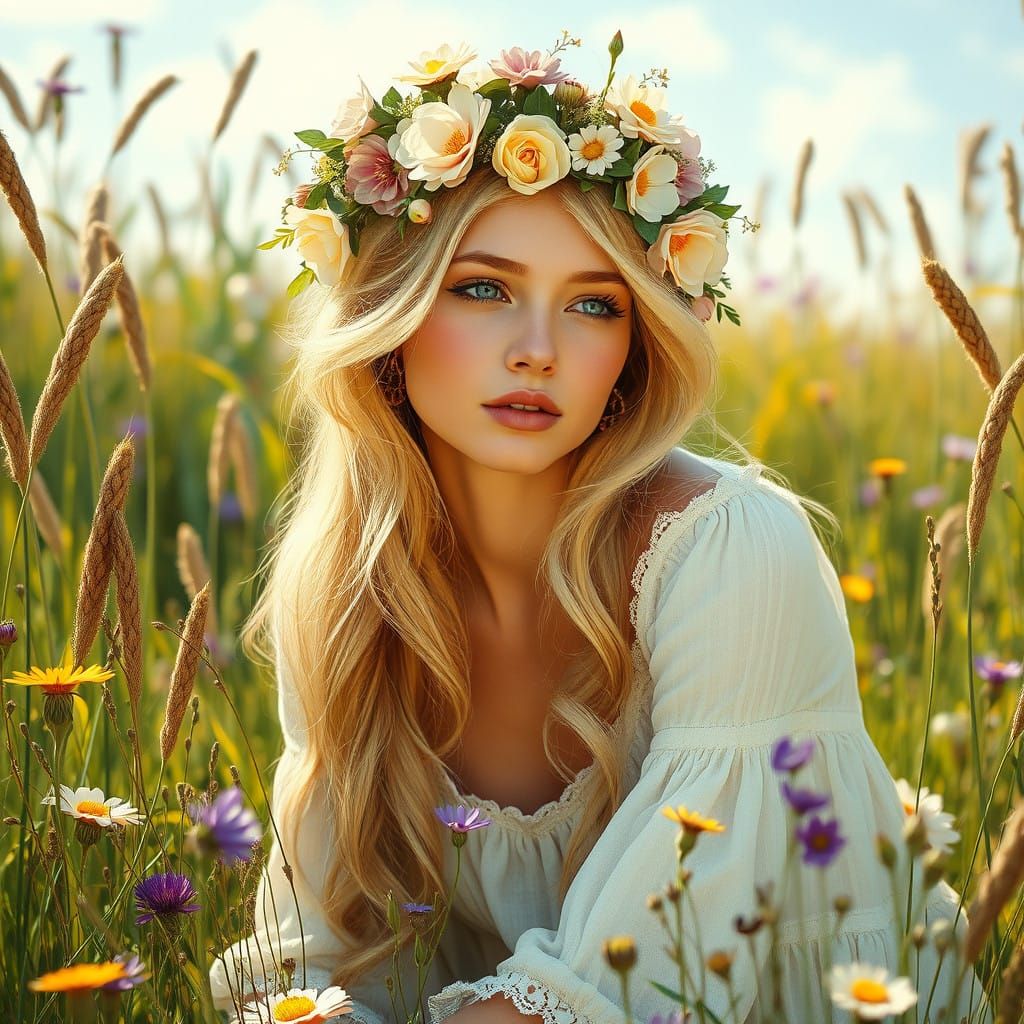 Blonde Woman in Whimsical Pre-Raphaelite Floral Crown