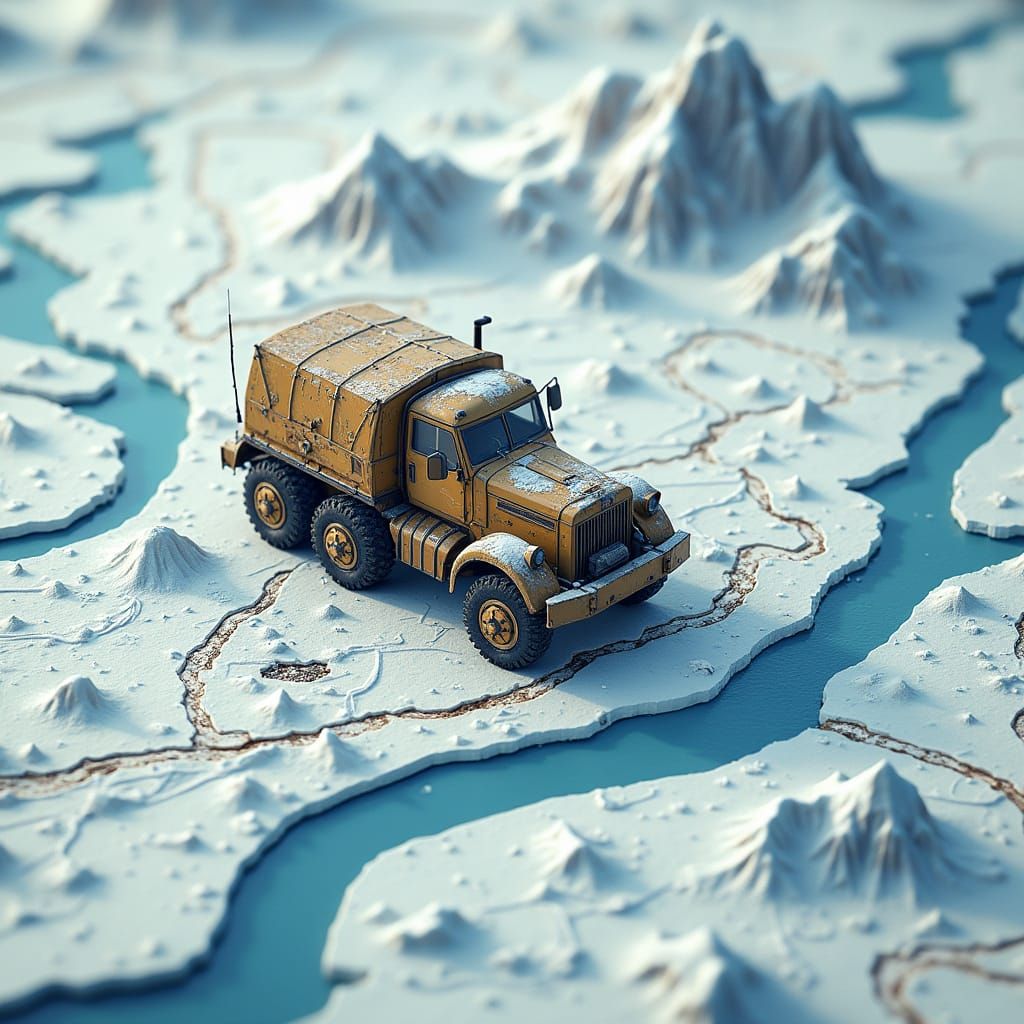 Isometric Map with Soviet Vehicle in Icy Terrain