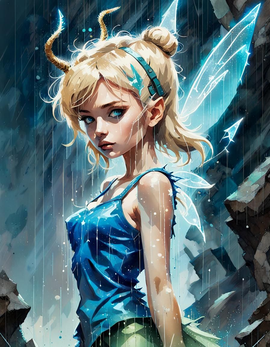 Electric Blue Matrix Fairy in Stylized Watercolor Art