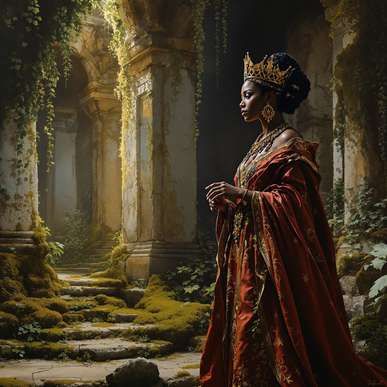 Regal African Queen in Overgrown Temple