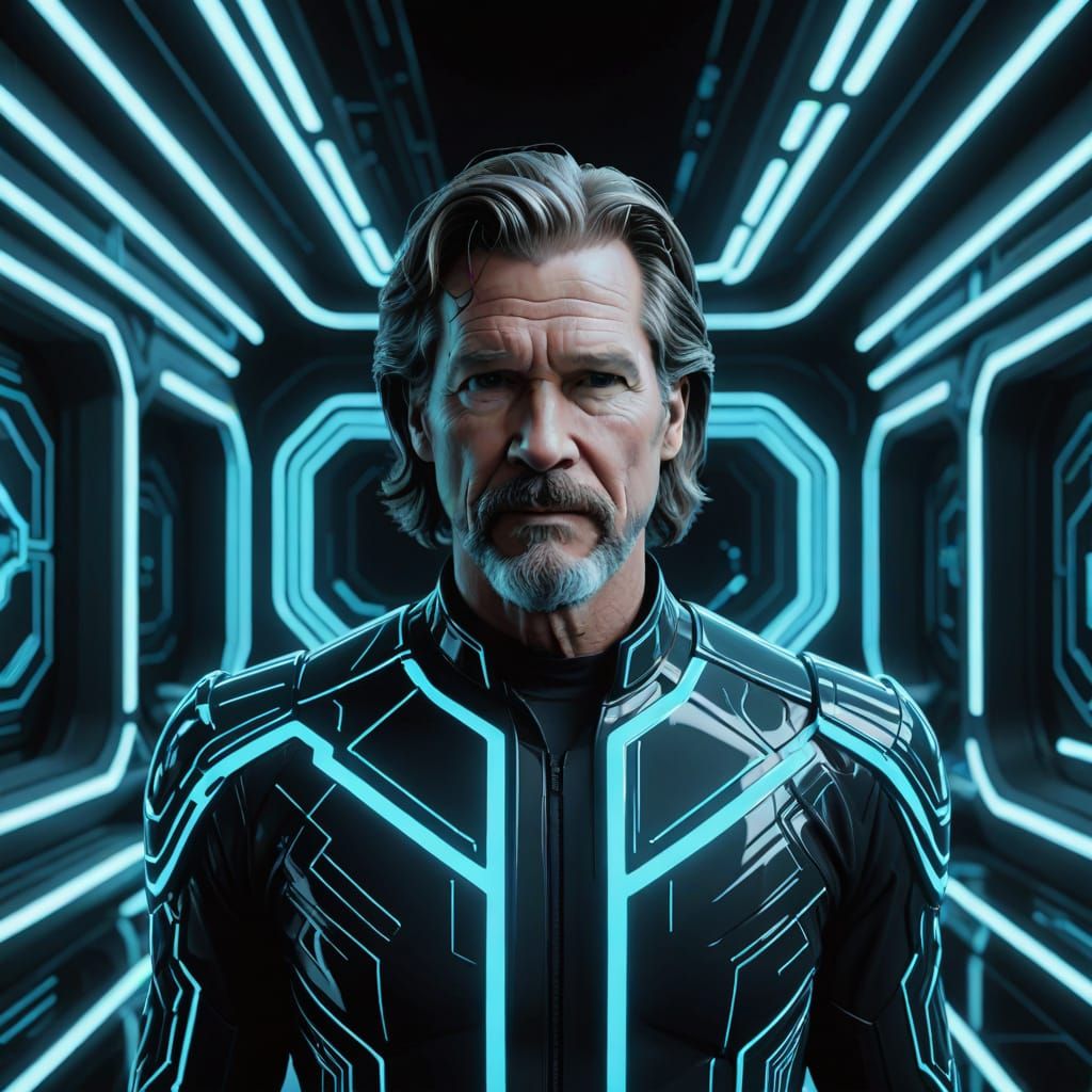 TRON's Kevin Flynn (30s Jeff Bridges) transported into a sur...