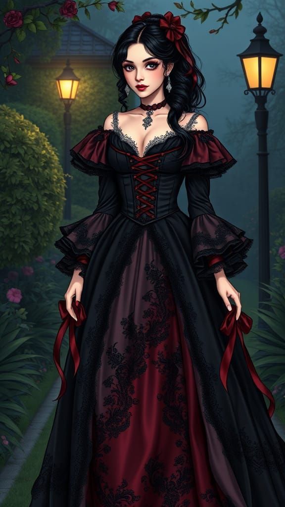 A Gothic Woman Strolls Through an English Garden at Dusk