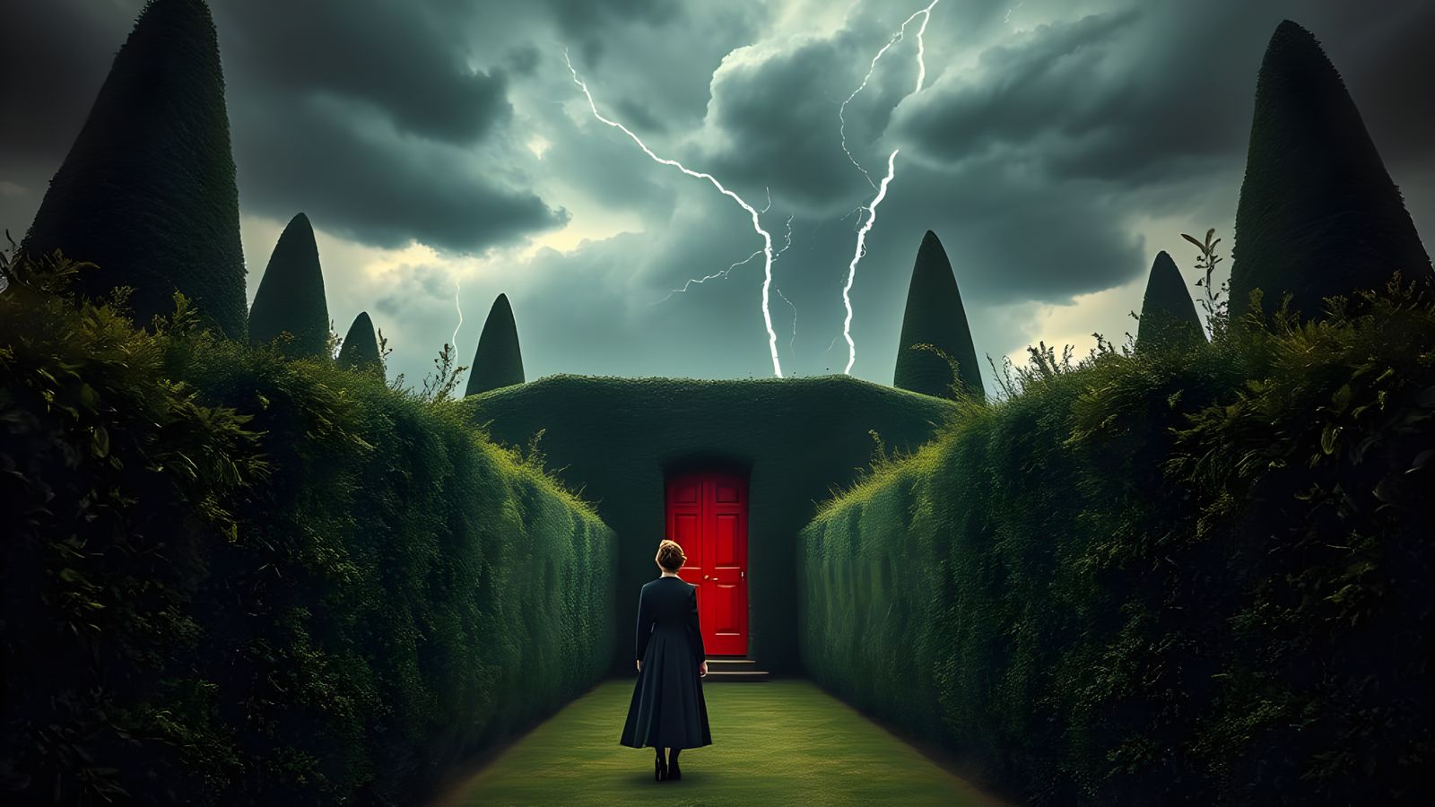 Red Door in Hedge Maze, Surrealist Style