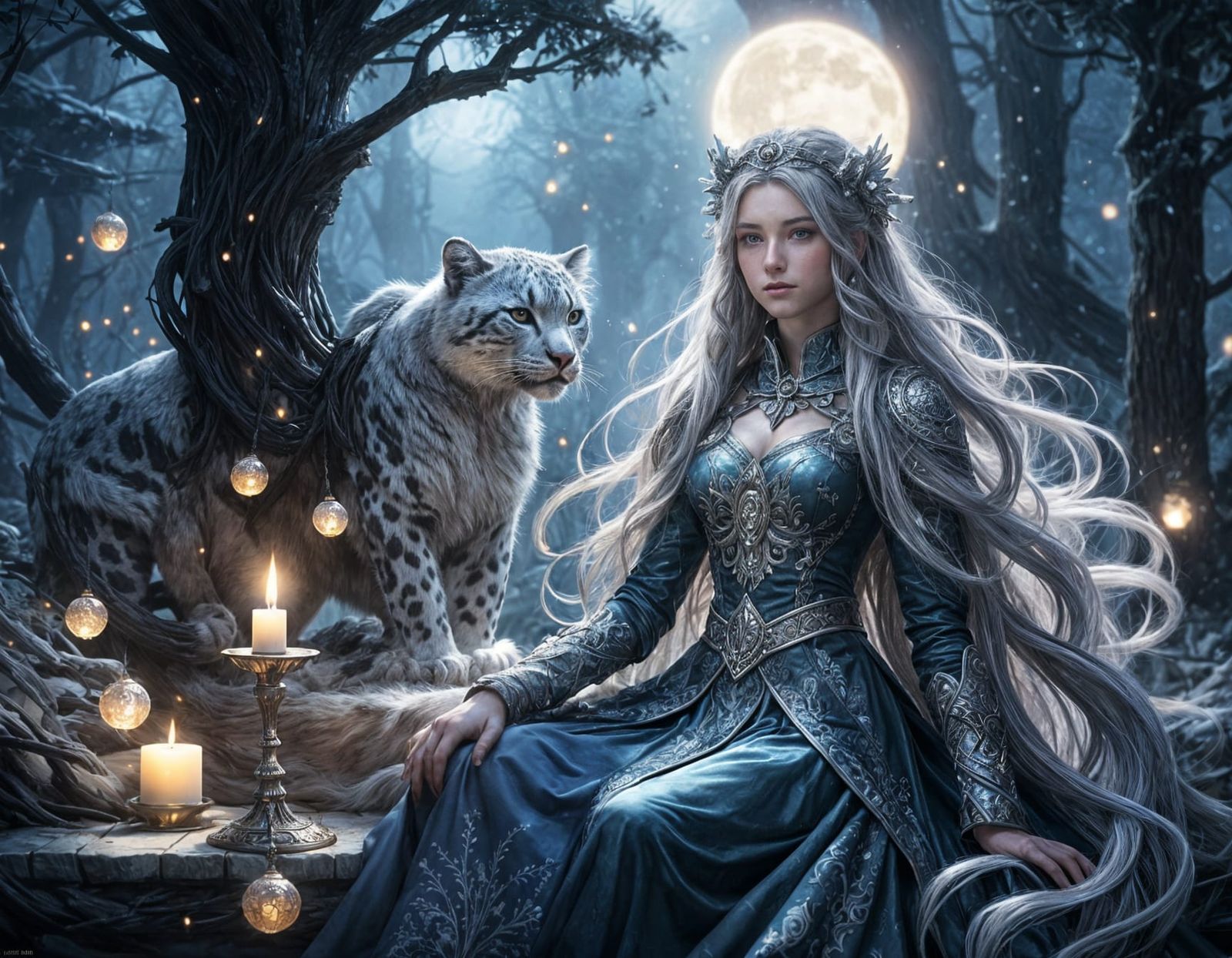 Celestial Russian Warrior Queen and Snow Leopard in Moonlit ...