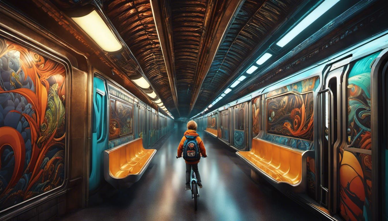 Boy Rides Starmoose in Subway: Digital Art