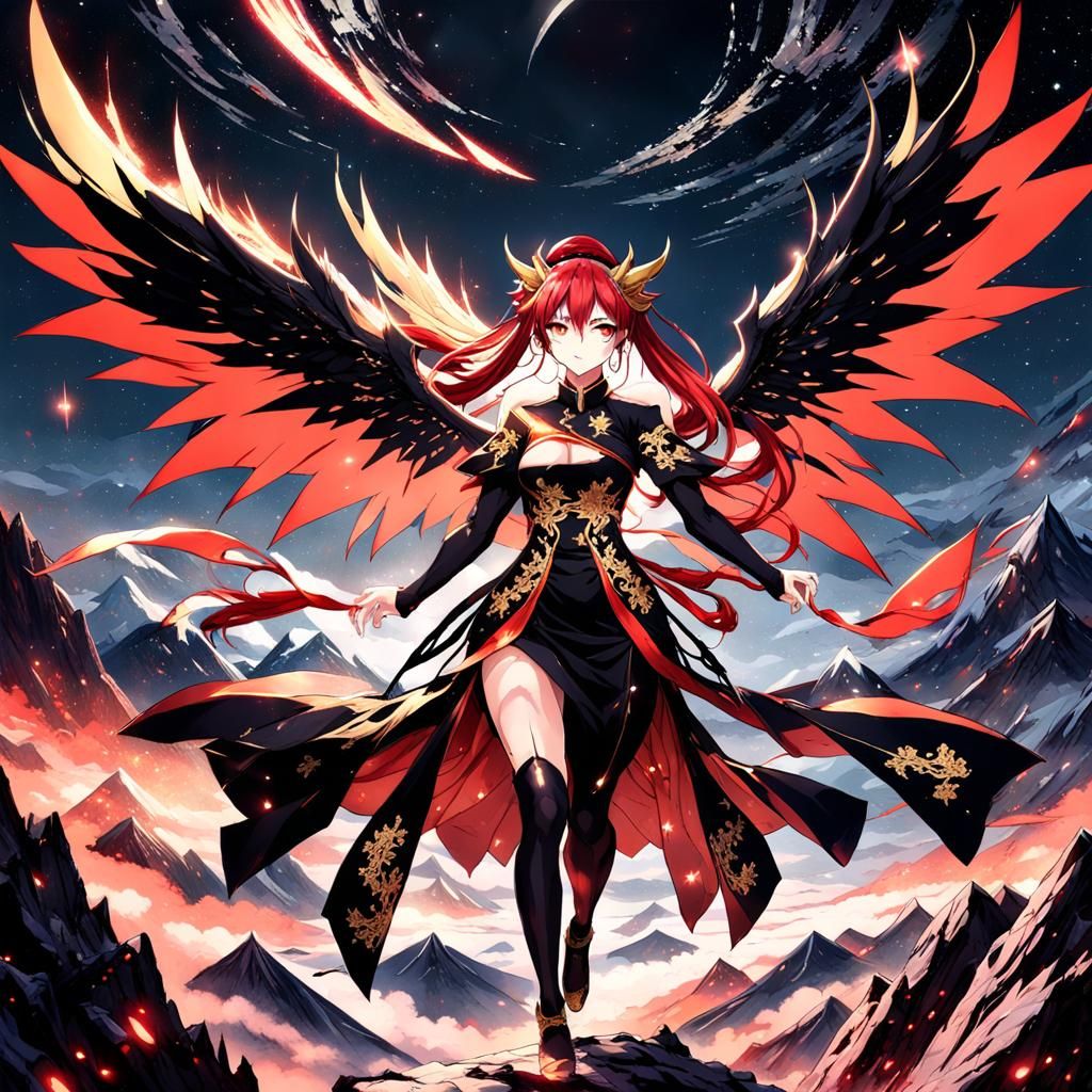 Anime Demon Woman in Starry Night Sky